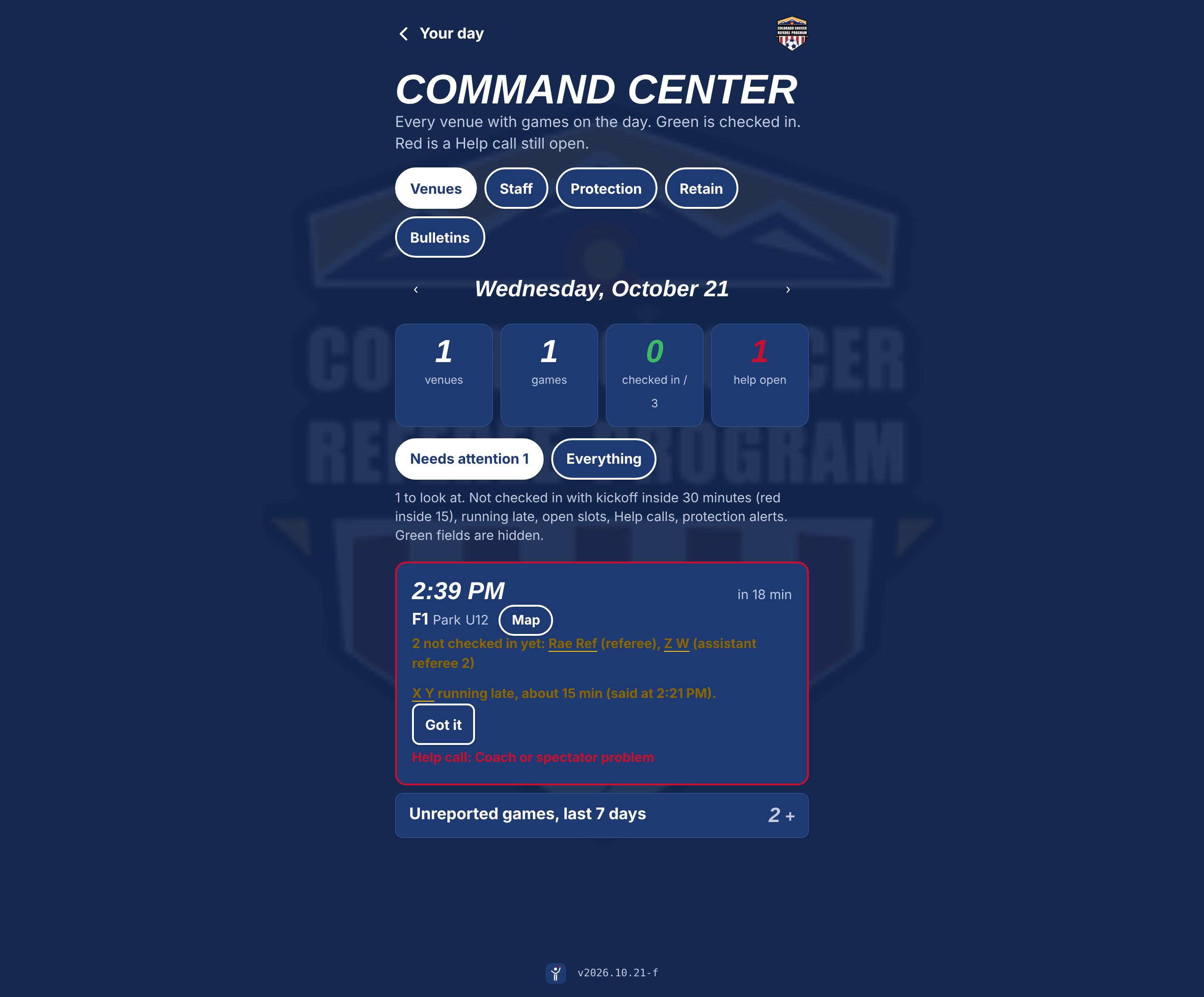 The Command Center board: venues, games, checked-in count, and a needs-attention list with a running late referee and an open help call