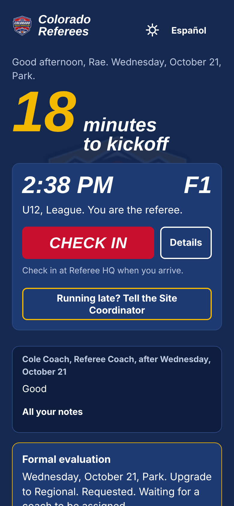 The Hub on a phone: 18 minutes to kickoff, a red Check in button, the coaching note from last weekend