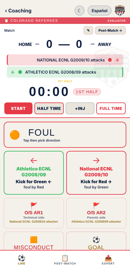 The Evaluator in daylight mode: score, half clock, foul buttons with team colors and direction