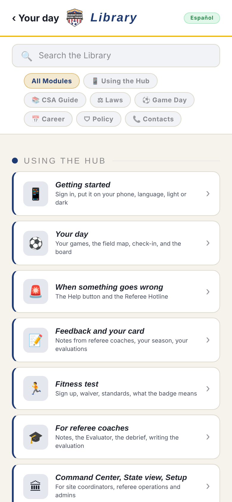 The Library: using the Hub, the Laws, game day procedures, career, contacts