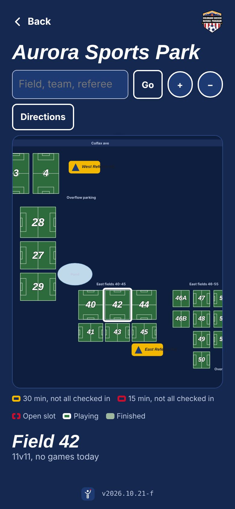 Field map of Aurora Sports Park with numbered fields and referee HQ marked